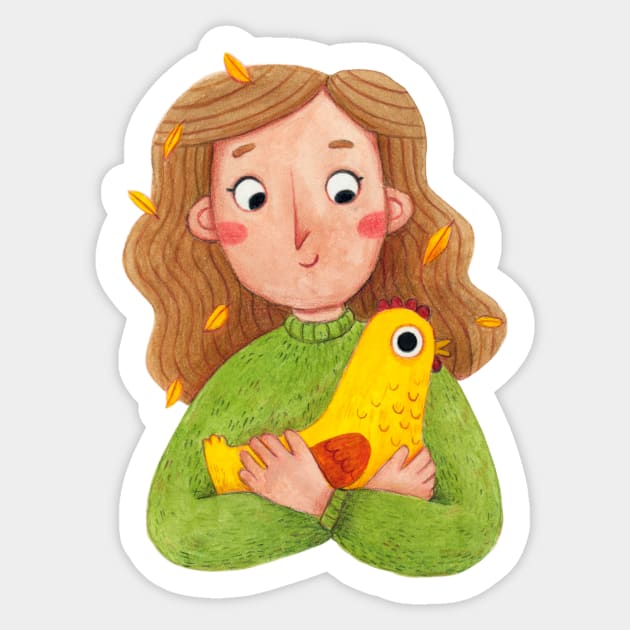 Hugging a hen Sticker by jill_gori